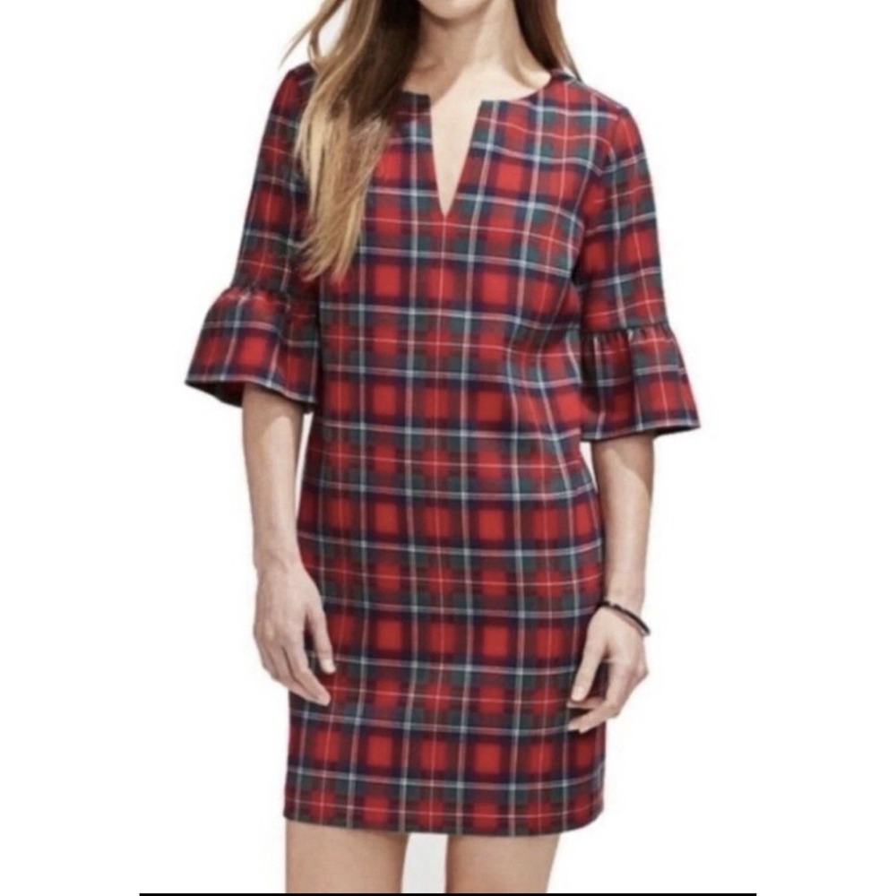 Vineyard Vines Plaid Greenwich Flutter Sleeve Shift Dress Red 16